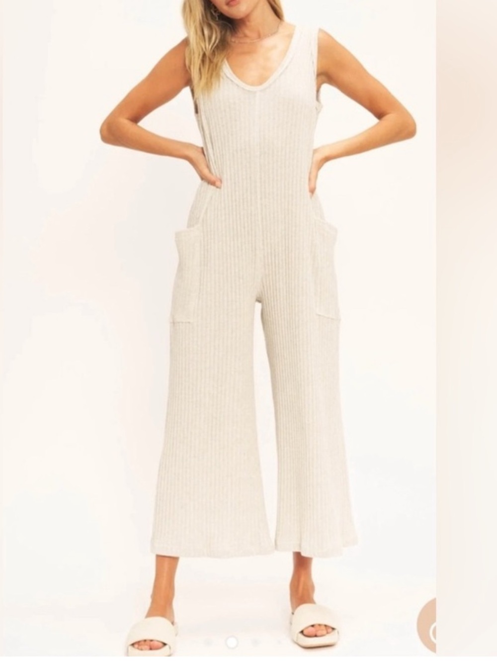 Project Social T Neutral Ribbed Sleeveless Wide-Leg Jumpsuit
